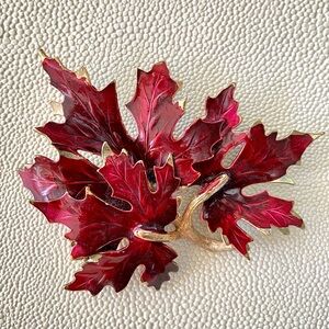 WEISS Vintage Burgundy Gold Maple Leaf 3” Brooch GREAT CONDITION